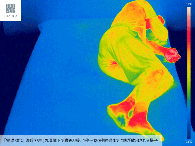 室温30℃、湿度75%の環境下で寝返り後、1秒～120秒経過までに熱が放出される様子